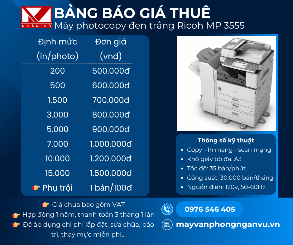 Cho thuê máy photocopy đen trắng Ricoh MP 3555 Bảng báo giá thuê máy photocopy đen trắng Ricoh 3555